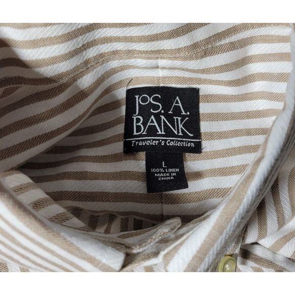 Jos. A Bank Men's L Traveler's Collection 100% Linen Button Down BR/WH Stripe - Picture 7 of 8